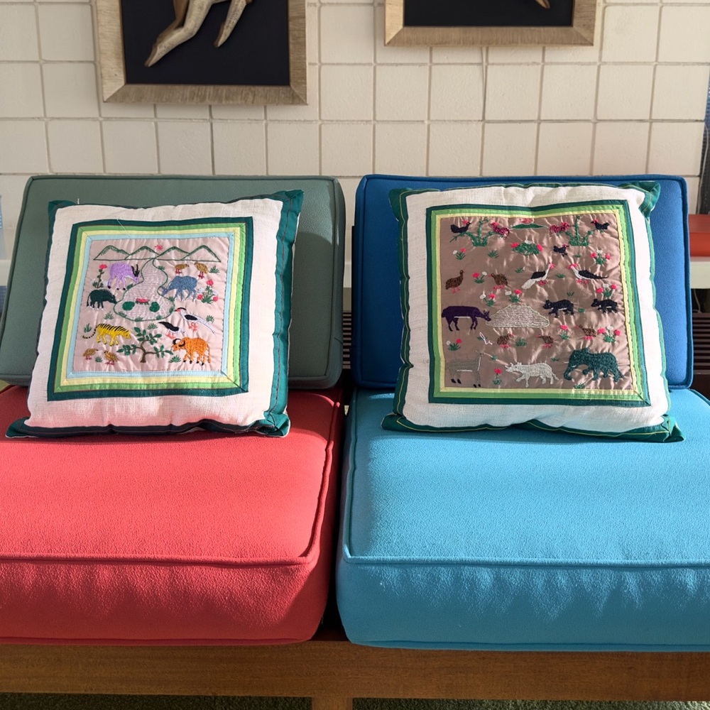 Bone Color Animals Garden Folk Art Embroidered Handmade Decorative 2 Pillows